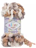 Плюшевая пряжа Alize Puffy Color (Ализе Пуффи Колор) - 2 мотка 5926 бежево-молочный, для вязания руками, большие петли (4см), 9м/100г