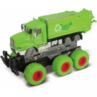 Мусоровоз с краш-эффектом, кабина die-cast, фрикционный, 6*6, зеленый, 1:43 Funky toys FT61088