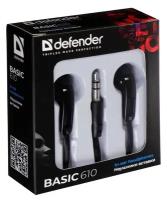 Наушники Defender Basic 610, вакуумные, 105 дБ, 32 Ом, 3.5 мм, 1.1 м, чёрные