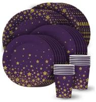 Набор бумажной одноразовой посуды для праздника Звезды на черном-2 (тарелка мал., тарелка бол., стакан, по 12 шт.) ND Play