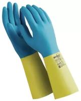 Перчатки латексно-неопреновые MANIPULA "Союз", хлопчатобумажное напыление, размер 7-7,5 (S), синие/желтые, LN-F-05 (арт. 605832)