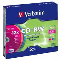 Диск CD-RW Verbatim 43167 700МБ, 80 мин., 8-12х, 5шт., Slim Case, Color, DL+