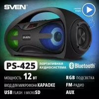 SVEN PS-425, черный, (2.0, 2x6 Вт (RMS), Bluetooth, FM, USB, microSD, LED-дисплей, встроенный аккумулятор)