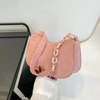 Женская сумка багет на плечо вельвет с цепью, розовый