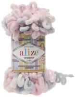 Плюшевая пряжа Alize Puffy Color (Ализе Пуффи Колор) - 1 моток 5864 белый-розовый-серый, для вязания руками, большие петли (4см), 9м/100г