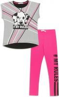 Детский трикотажный набор для девочек: футболка с коротким рукавом и брюки Me&We цв. Серый/Ярко-розовый р. 140