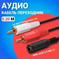 Аудио кабель переходник адаптер GSMIN AV11 Mini Jack 3,5 мм мини джек (F) - 2x RCA тюльпаны (M) (20 cм) (Черный)