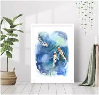Картина на стену в раме "Рыбки, рисунок акварелью в японском стиле"/Декор интерьера/Картина постер/Плакат/Постеры на стену/Картина 40 на 50/В рамке