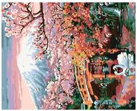 Картина по номерам, "Живопись по номерам", 40 x 50, ARTH-AH332, горы, весна, Япония, мост, дерево, Сакура, лебеди, река
