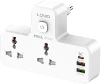 Cетевая зарядка, разветвитель LDNIO SC2311, 2 розетки, 2 х USB, 1 х PD white