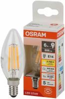 Лампа Светодиодная OSRAM 6Вт E14 Свеча B Филаментная Стекло 806Лм 220В 2700К, уп. 10шт