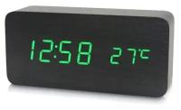 Часы-будильник "Деревянный брусок" средние. Электронные, настольные часы. Часы настольные электронные от USB и батареек. черные/зеленые
