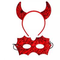 Карнавальный набор "Чёрт", паутинка 2 предмета: ободок, маска, цвет красный