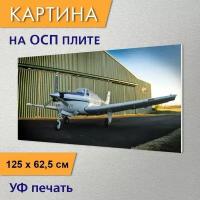 Горизонтальная картина "Самолет, ангар, аэропорт" для интерьера на ОСП плите, 62,5х125 см