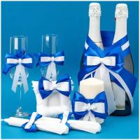 Набор свадебных аксессуаров с декором ручной работы "Синие банты" из 7 предметов с атласными бантиками яркого синего и белого оттенков