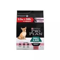 Pro Plan корм для взрослых собак малых и карликовых пород с чувствительной кожей, лосось и рис 3 кг (2,5+0,5)