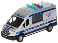 Модель машины Технопарк Ford Transit Полиция, пластиковая, серебристая, инерционная, свет, звук, 16 см TRANSITVAN-16PLPOL-SR