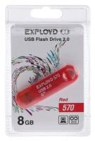 Флешка Exployd 570, 8 Гб, USB2.0, чт до 15 Мб/с, зап до 8 Мб/с, красная