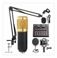 Конденсаторный студийный микрофон BM 800 со звуковой картой V8 (черный/золото) с пантографом и микшером