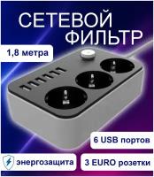 Сетевой фильтр, с предохранителем, с 6 USB, QuantisTrade