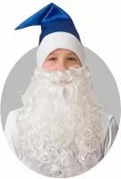 Колпак новогодний из плюша «Снежинки» с бородой, размер 55-56, цвет синий