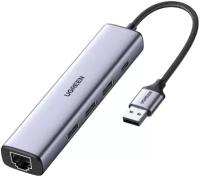 Конвертер UGREEN CM475 (60554) USB3.0 to 3хUSB3.0 +RJ45 (1000M) Ethernet Adapter Type-C Po Wer Supply. Цвет: серый