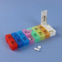 Таблетница-органайзер "Неделька", с таблеторезкой, утро/вечер, 7 контейнеров по 2 секции, разноцветная