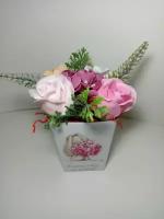Букет композиция из мыльных цветов ручной работы "Гортензии+розы" 5шт