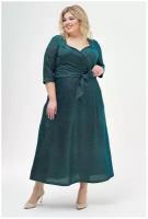 Платье нарядное праздничное блестящее макси с полузапохом на лифе и поясом с V-образным вырезом plus size (большие размеры)
