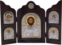 Икона Христос Спаситель, триптих, 5 икон, шелкография, золотой декор, серебро, 16*24 см