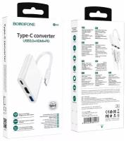 Адаптер Borofone DH4 Type-C Converter, USB 3.0+HDMI 4K+PD, кабель Type_c 0.11m, белый