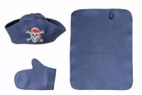 Набор для бани синий натуральный войлок с цветной вышивкой Пиратский 3 предмета: шапка, рукавица, коврик