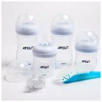 Avent Набор для новорождённых Avent Natural, 6 предметов: бутылочка 125 мл, 2 шт., бутылочка 260 мл, 2 шт., соска-пустышка, щёточка