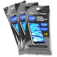 3 Упак. Влажные салфетки для смартфонов мобильных телефонов OptiClean 3 упаковки по 15 салфеток (45 шт)