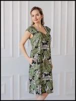 Льняное женское повседневное платье, с коротким рукавом, большой размер 50. Цвет зеленый. Текстильный край
