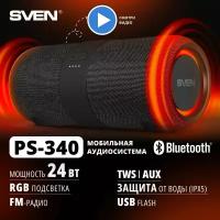 Мобильные колонки Sven PS-340 2.0 чёрные (2x12W, IPx6, USB, Bluetooth, FM-радио, LED-подсветка, 3600 мA )