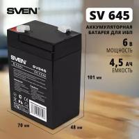 Sven SV645 (6V / 4.5Ah) Батарея SVEN SV 645 (6V 4.5Ah), напряжение 6В, емкость 4.5А*ч, макс. ток разряда 67А, макс. ток заряда 1.35А, свинцово-кислотная типа AGM, тип клемм F1, Д/Ш/В 70/47/100, 0.8 кг SV-0222064