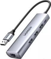 Хаб UGREEN CM266 (60812) USB-A 3.0 to 3 USB-A 3.0 + RJ45(Gigabit), порт для питания Micro USB, Gray