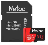 Карта памяти Netac microSDXC 512 ГБ Class 10, V30, A1, UHS-I U3, R 100 МБ/с, адаптер на SD, 1 шт., черный/красный