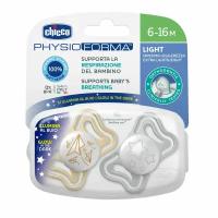 CHICCO пустышка Physio Light,2шт.,6-16мес.,силикон, светящаяся