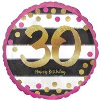 Воздушный шар фольгированный Happy Birthday 30 Полосы черно-белые голографический, 45 см
