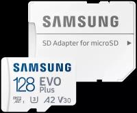 Оригинальная Карта памяти Samsung microSDXC 128 ГБ Class 10, V30, A2, UHS-I U3, R 130 МБ/с, адаптер на SD, 1 шт., белый/красный