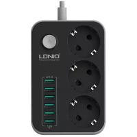 Сетевой удлинитель LDNIO SE3631/ 1.6м + ЗУ на 6 USB/ 3 роз. (медь) - 2500W/ USB - 17W/ черный/серый