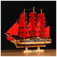 --- Корабль сувенирный средний "Ахиллес", паруса красные, 39х44х7 см