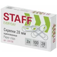 Скрепки STAFF, 28 мм, оцинкованные, 100 шт, в картонной коробке, Россия, 224799