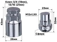 Гайки секретки M12х1,50 32мм Сфера закр 5 луч 2 кл хром SKYWAY 003 ( в компл.4шт), S10702003