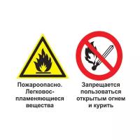 Пожароопасно легковоспламеняющиеся вещества. запрет пользоваться огнем и курить. 200х300 мм