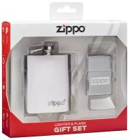 Подарочный набор ZIPPO: фляжка 89 мл и зажигалка, латунь/сталь, серебристый, в коробке с подвесом