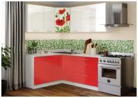 Кухонный гарнитур Миф Маки красные угловая 1.5 на 1.8 м белый глянец / красный металлик