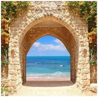Фотообои Уютная стена "Каменная арка с видом на пляж" 270х270 см Бесшовные Премиум (единым полотном)